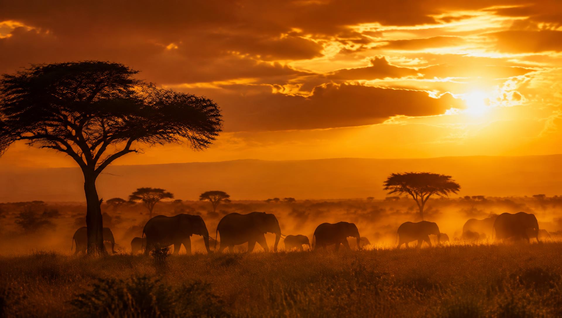 A herd of elephants crossing the savannah at golden hour
