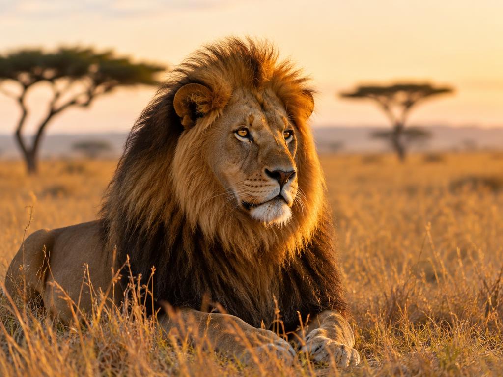 A male lion with a full mane resting on golden savanna grass at dawn