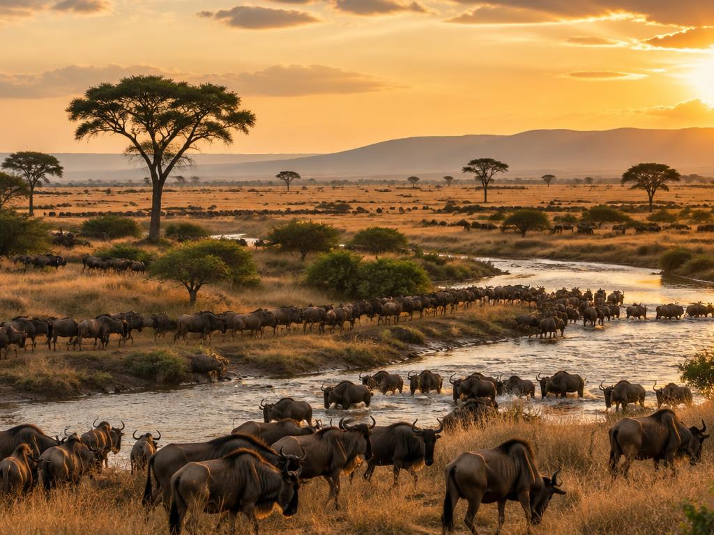 The Great Migration crossing a river on the Serengeti plains at golden hour
